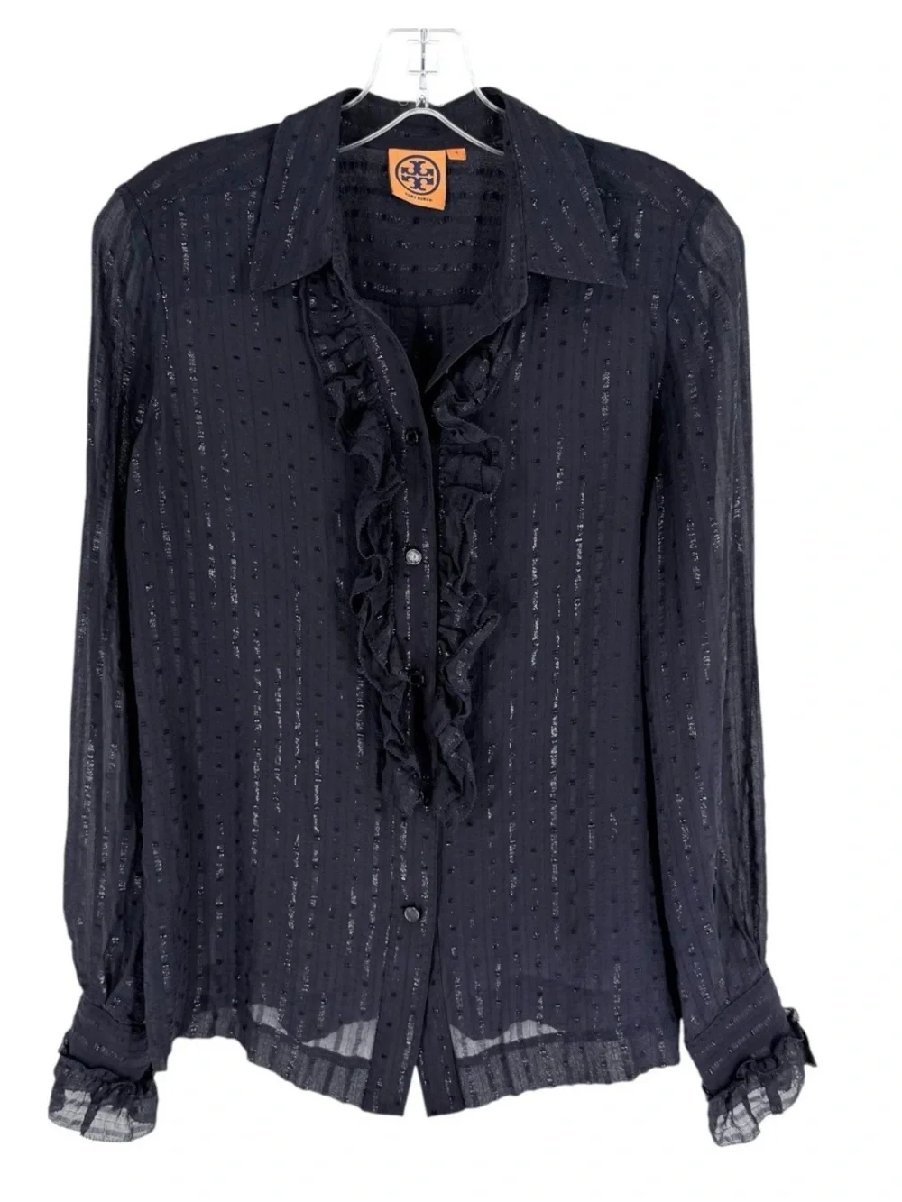 Tory Burch Ruffle Blouse Womens Size 6 Navy Shimmer Sheer Button Up Shirt